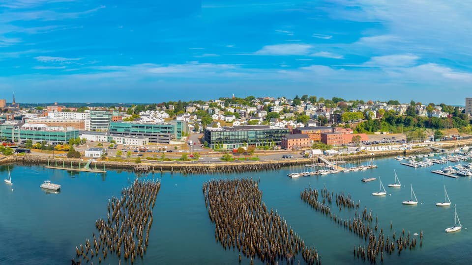 Panoramic view of the harbor of Portland, Maine, New England, USA