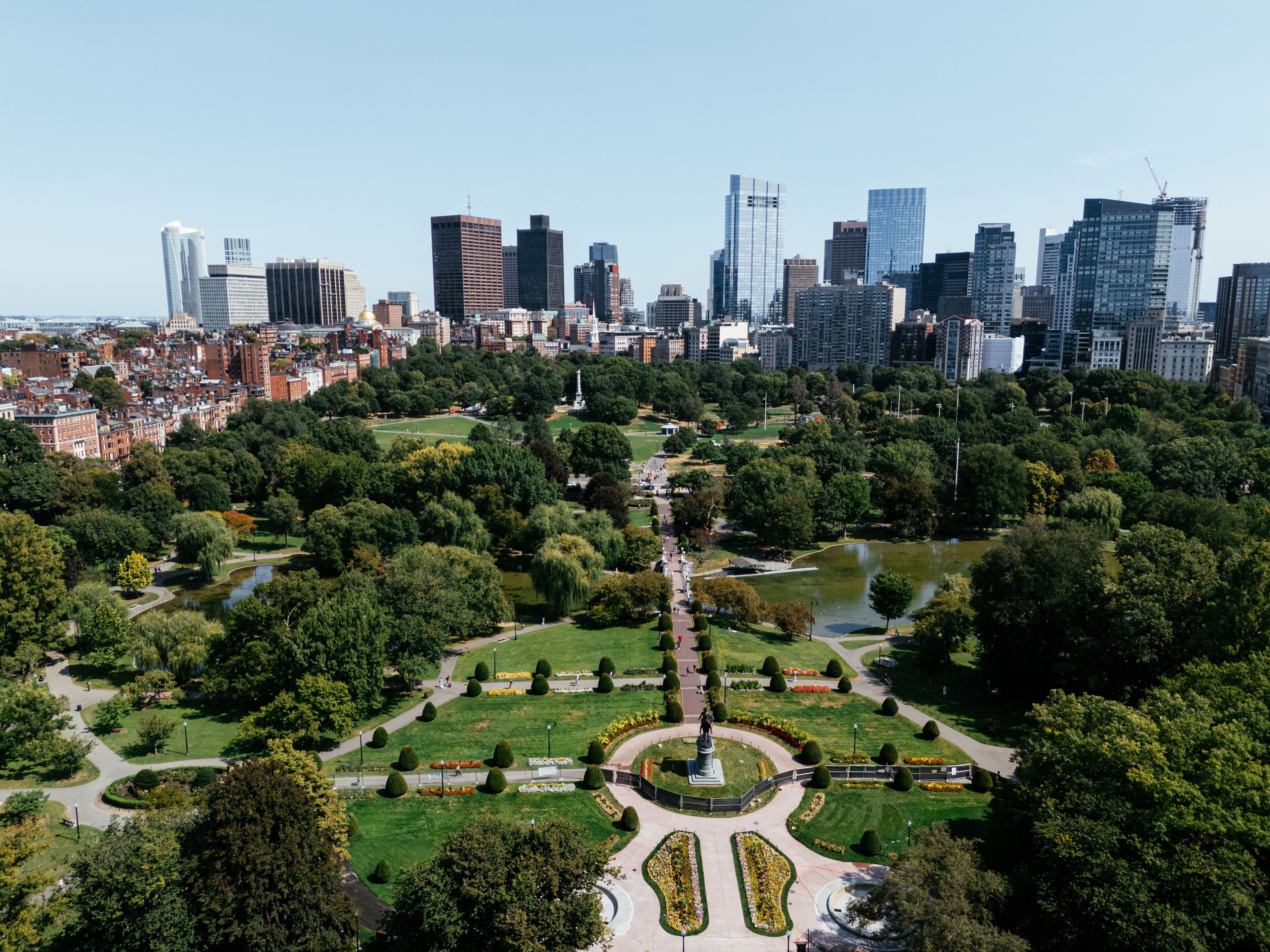 Christopher Columbus Park in Boston. A sunny summer day with the Boston skyline. Massachusetts, USA.