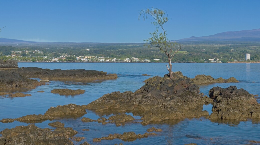 View of Mauna Kea and Mauna Loa from Queen Liliuokalani Gardens, Hilo, Big Island, Hawaii