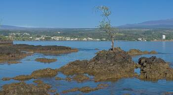 View of Mauna Kea and Mauna Loa from Queen Liliuokalani Gardens, Hilo, Big Island, Hawaii