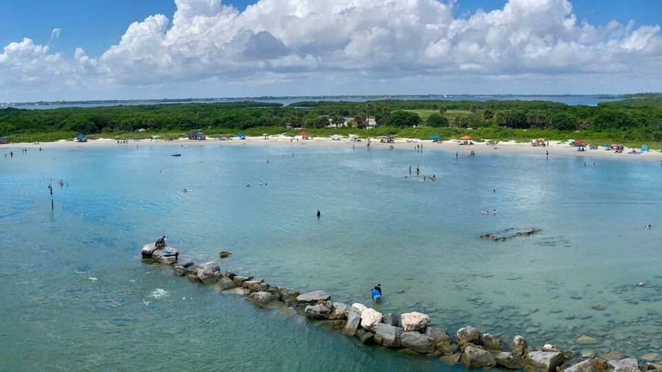Shallow, calm lagoon at popular Sebastian Inlet State Park on the Space Coast in Brevard County, Florida
