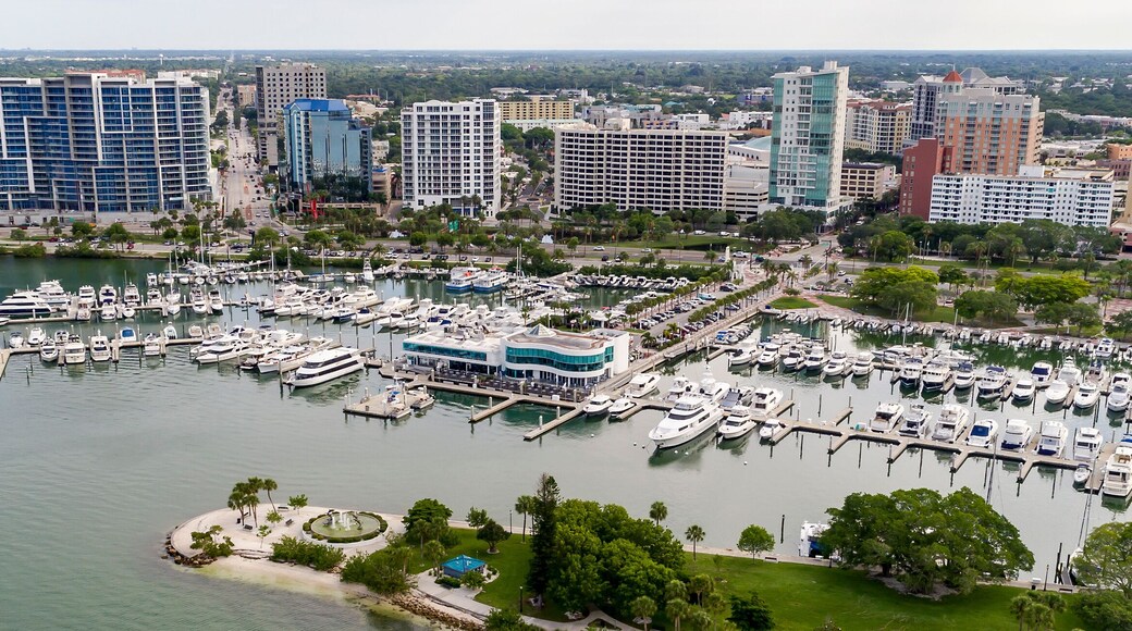 Drone view of bayfront park, Marina Jack and the downtown Sarasota Florida area.