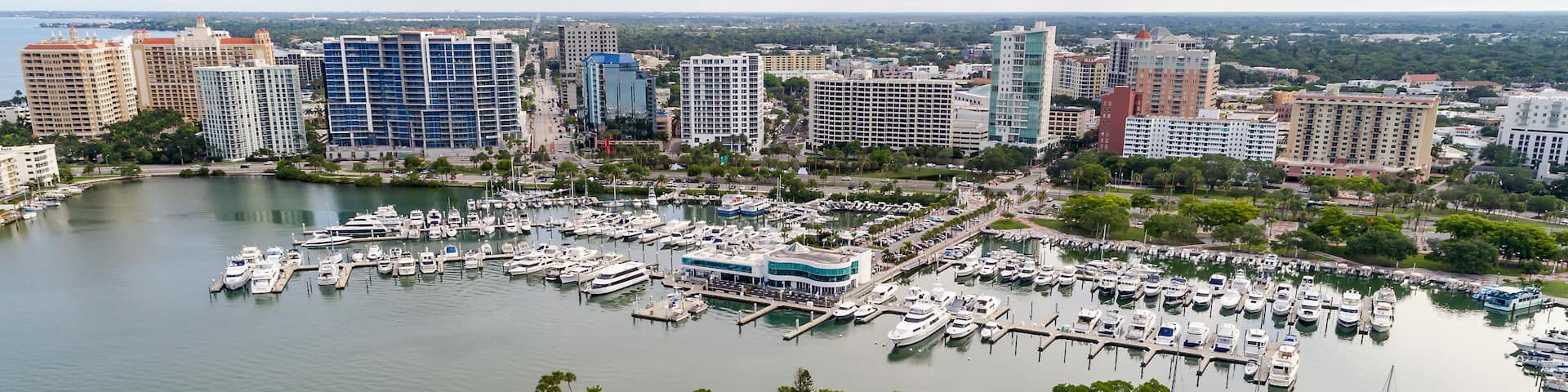 Drone view of bayfront park, Marina Jack and the downtown Sarasota Florida area.