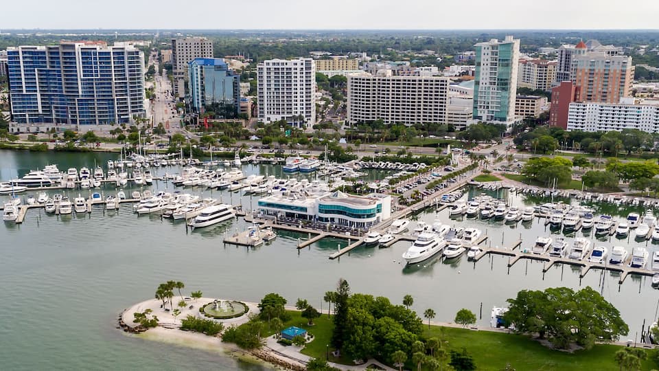 Drone view of bayfront park, Marina Jack and the downtown Sarasota Florida area.