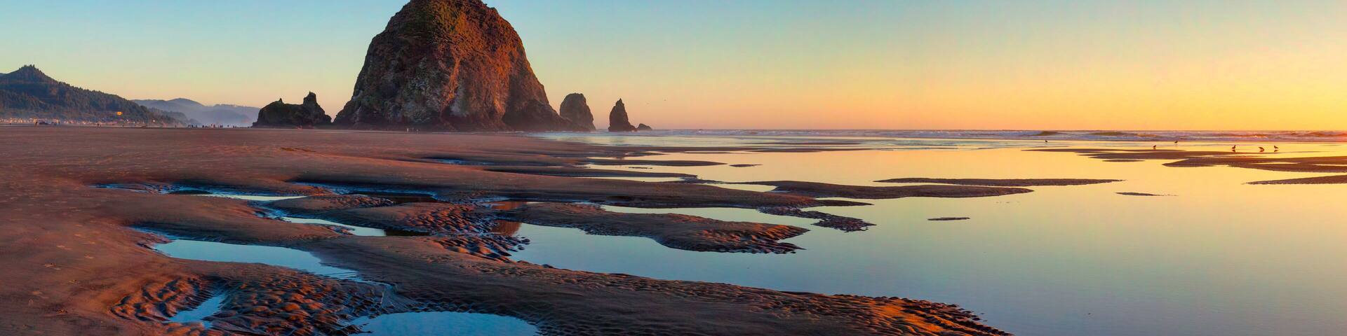 Haystack Rock at Cannon Beach, Oregon at sunset