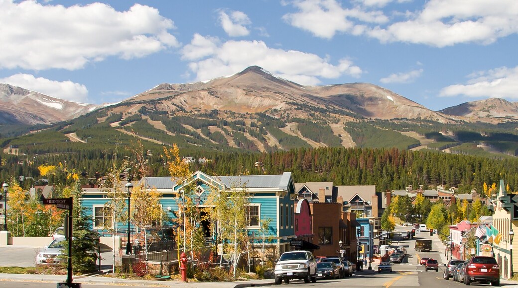 Breckenridge Autumn Panorama - Panoramic view of the town of Breckenridge Colorado with Araphoe National Forest and Peak 8 in the background. Summit County in Autumn