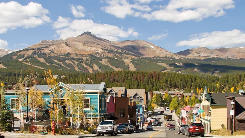 Breckenridge Autumn Panorama - Panoramic view of the town of Breckenridge Colorado with Araphoe National Forest and Peak 8 in the background. Summit County in Autumn