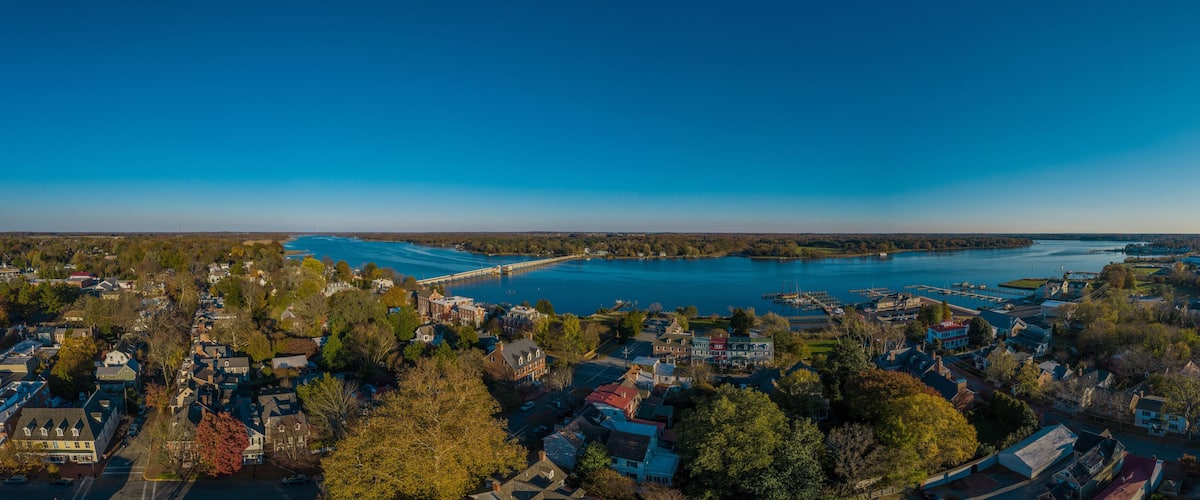 Aerial panorama view of historic colonial chestertown near annapolis situated on the chesapeake bay during an early november afternoon
