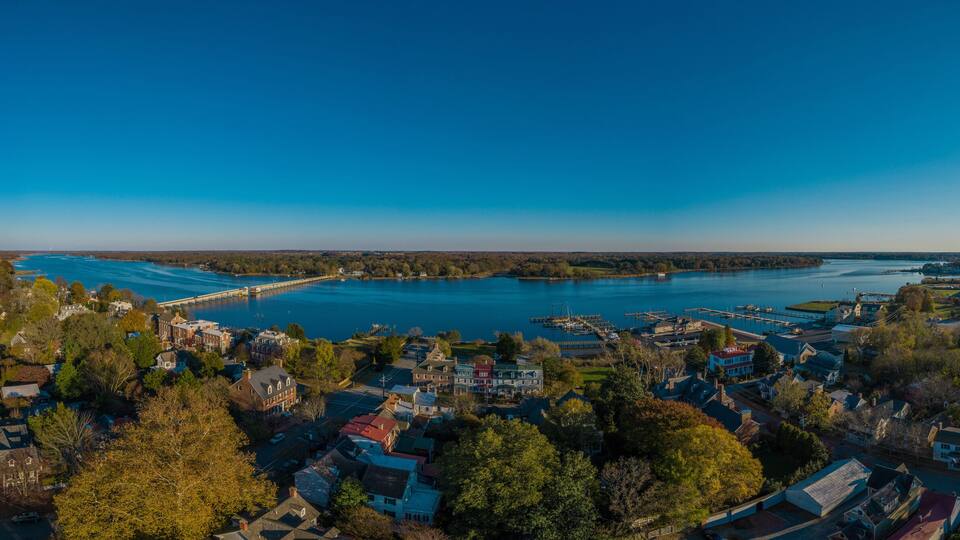 Aerial panorama view of historic colonial chestertown near annapolis situated on the chesapeake bay during an early november afternoon