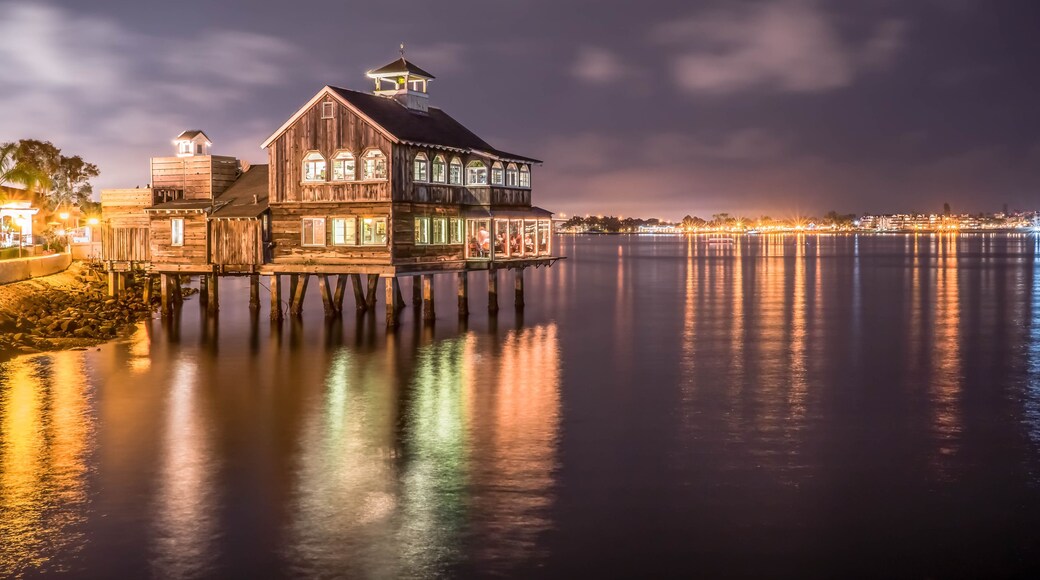 The Pier Cafe at night in Seaport Village, San Diego, California