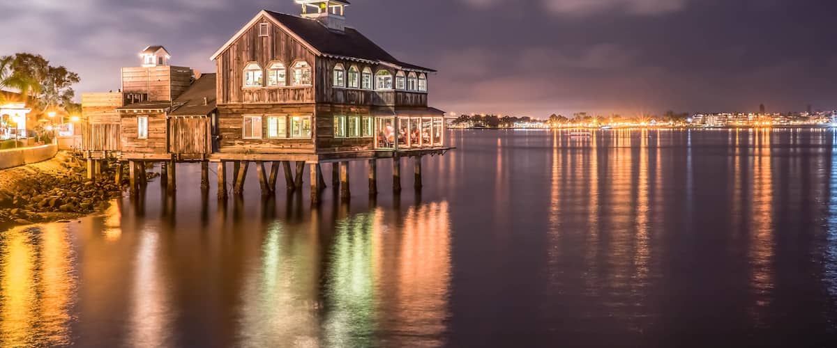 The Pier Cafe at night in Seaport Village, San Diego, California