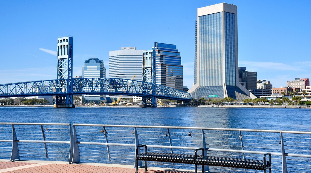 View of the Mainstreet Bridge over the St Johns River and downtown Jacksonville from the Southbank Riverwalk in Duval County, Florida.