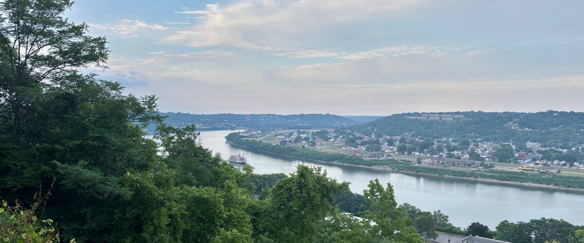 View of ferry on Ohio River from Eden Park in Mount Adams, Cincinnati