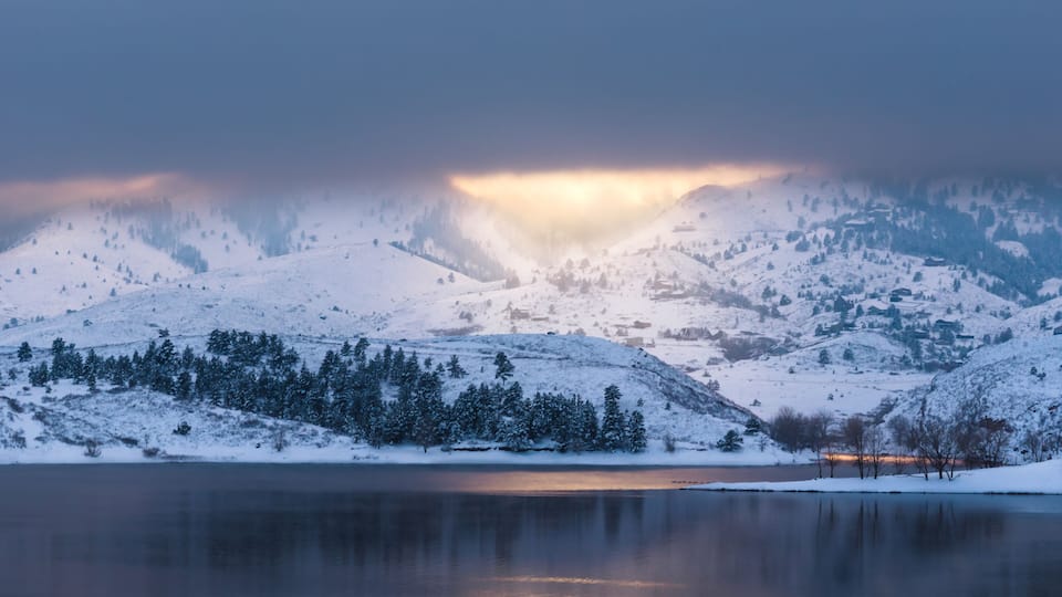 Winter sunset at Horsetooth Reservoir in Fort Collins, Colorado