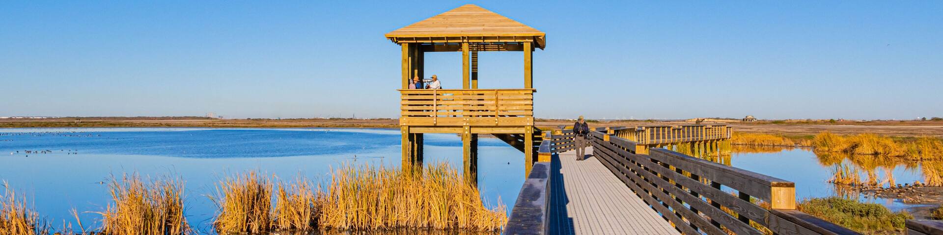 A wooden observation tower by a calm lake with clear skies.