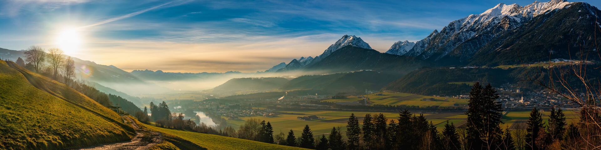 Schwaz, Österreich, Tirol, Panorama, Alpen, Berge, Sonnenuntergang, Nebel