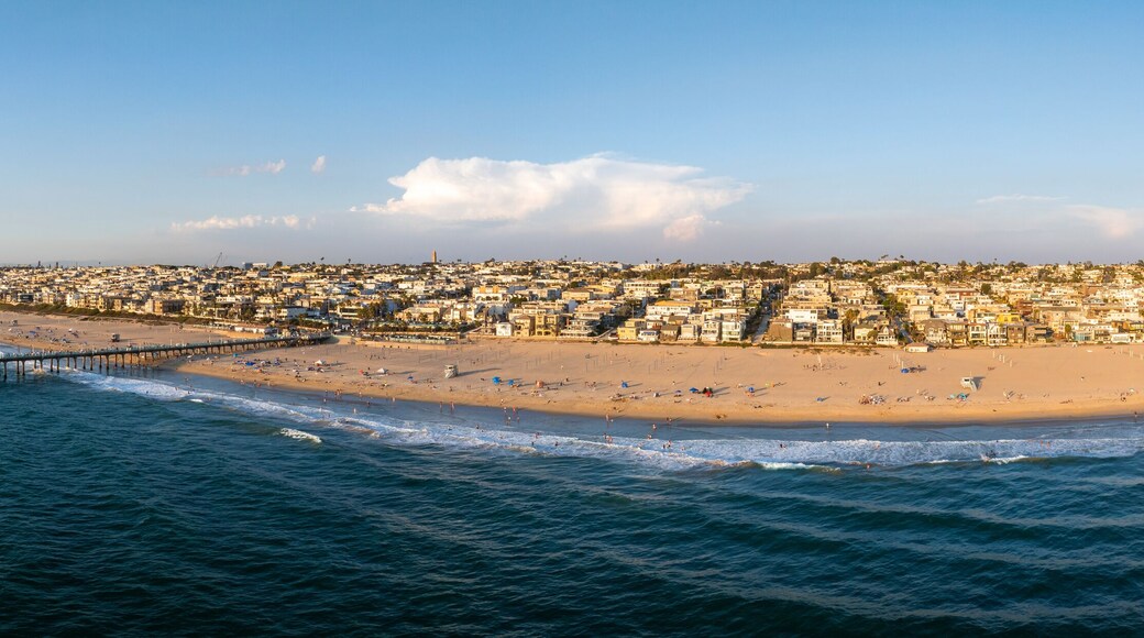 An aerial view of Manhattan Beach, California, highlights a sandy beach, a prominent pier, and a dense urban landscape under a clear blue sky.