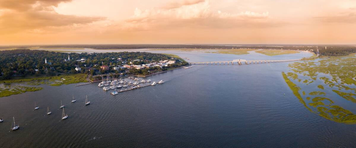 180 degree aerial panorama of Beaufort, South Carolina, USA.