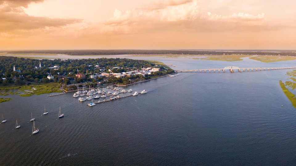 180 degree aerial panorama of Beaufort, South Carolina, USA.