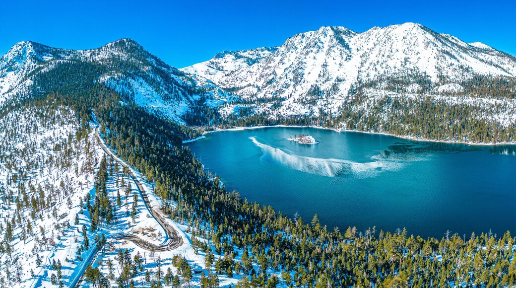 Lake Tahoe California. Emerald Bay. Winter Drone Panorama. Beautiful colors.