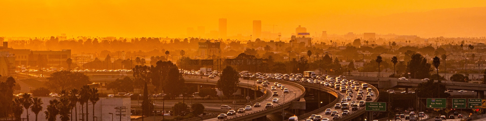 Sunset over a busy highway in Los Angeles, California