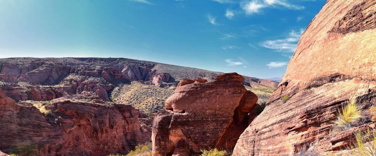Red Cliffs National Conservation Area Wilderness and Snow Canyon State Park from the Elephant Arch and bone wash Trail by St George, Utah in desert reserve. United States. USA.