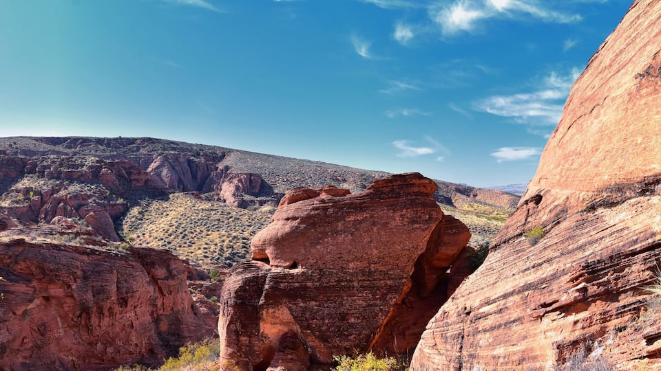 Red Cliffs National Conservation Area Wilderness and Snow Canyon State Park from the Elephant Arch and bone wash Trail by St George, Utah in desert reserve. United States. USA.