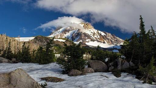 Mt Hood seen from Cairn Basin Loop Trail. The clouds were blowing in and so was the wind.