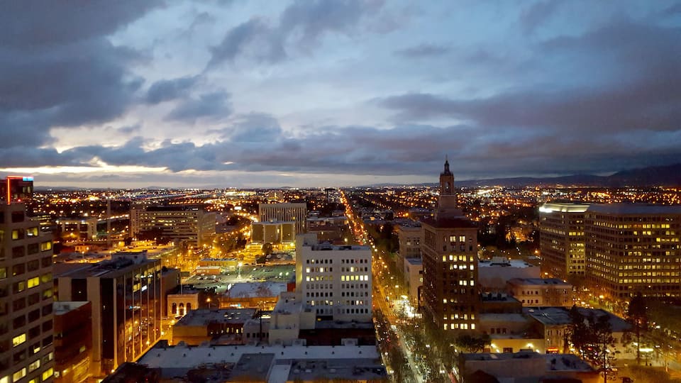 San Jose, Silicon Valley view from downtown to the north and San Jose International Airport at sunset.
