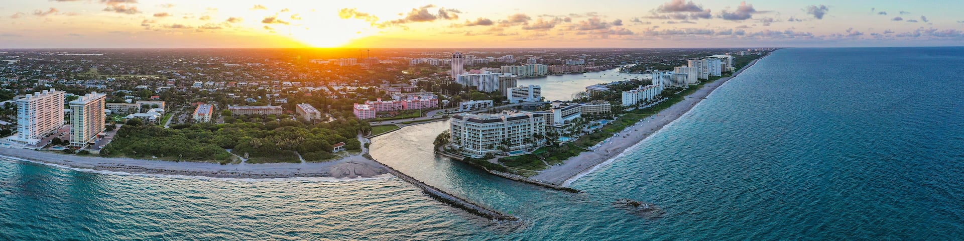 Beautiful aerial panoramic shot of Boca Raton, Florida at sunset. Ocean and landscape.