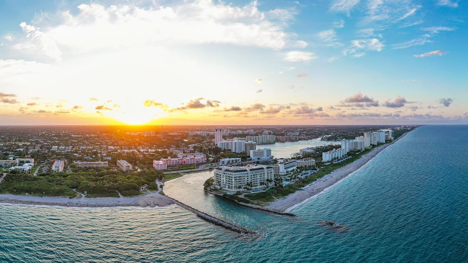 Beautiful aerial panoramic shot of Boca Raton, Florida at sunset. Ocean and landscape.