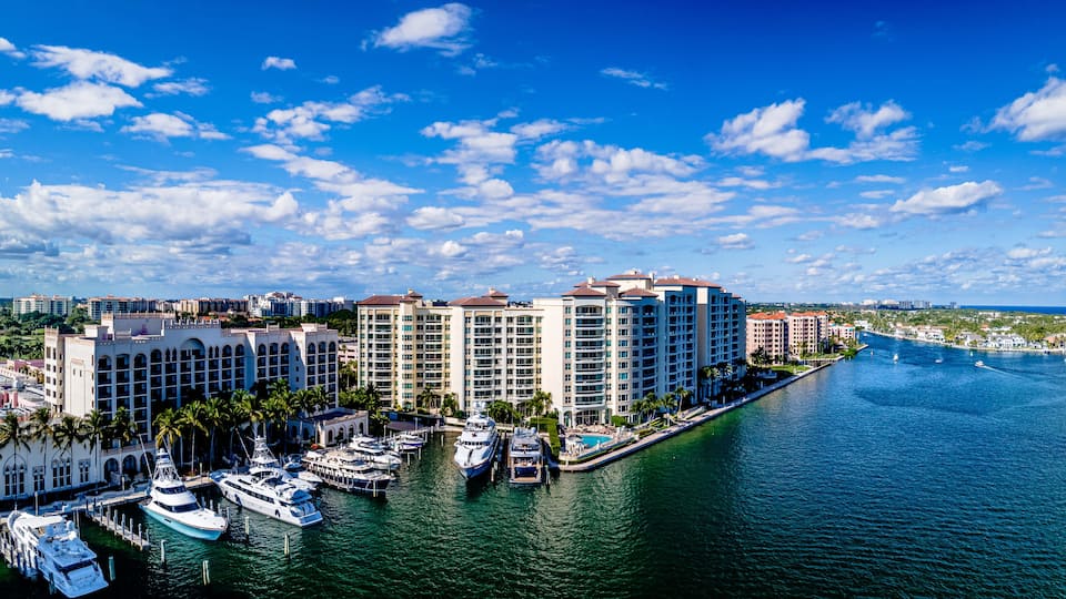 Lake Boca Raton with city and boats