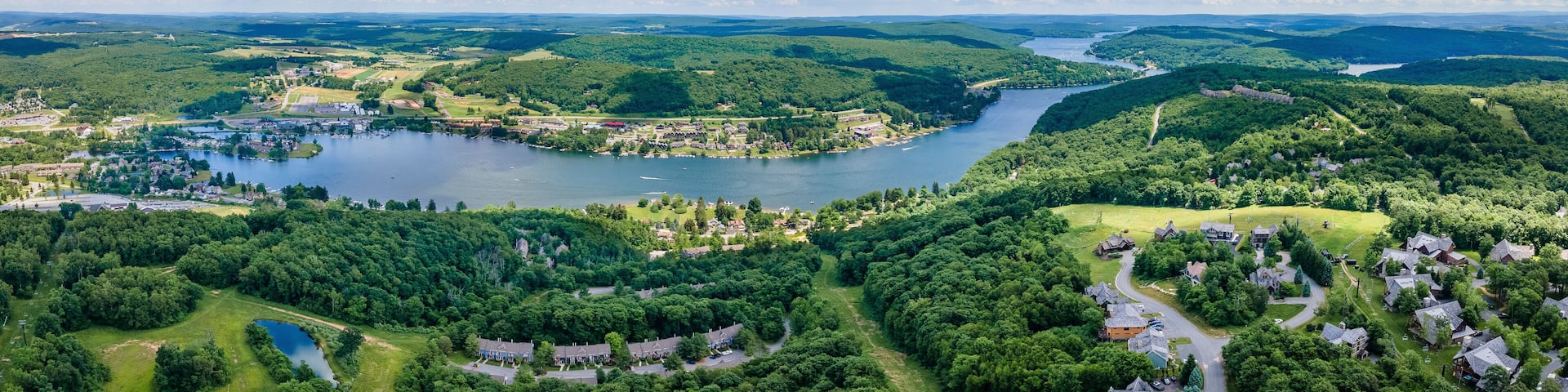 A panoramic aerial view of Deep Creek Lake in McHenry, Maryland United States.