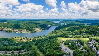 A panoramic aerial view of Deep Creek Lake in McHenry, Maryland United States.