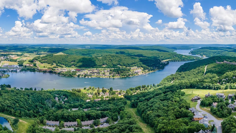 A panoramic aerial view of Deep Creek Lake in McHenry, Maryland United States.