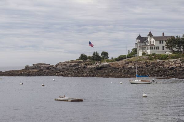 Ram Island Lighthouse at Ocean point in Boothbay harbor Maine. Damariscotta river is to the east.; Shutterstock ID 220718821; Purchase Order: -