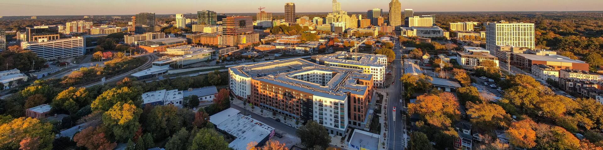 Aerial Drone Images of Downtown Raleigh North Carolina Skyline at Golden Hour: Travel, Architecture, Cityscape, Business, Real Estate