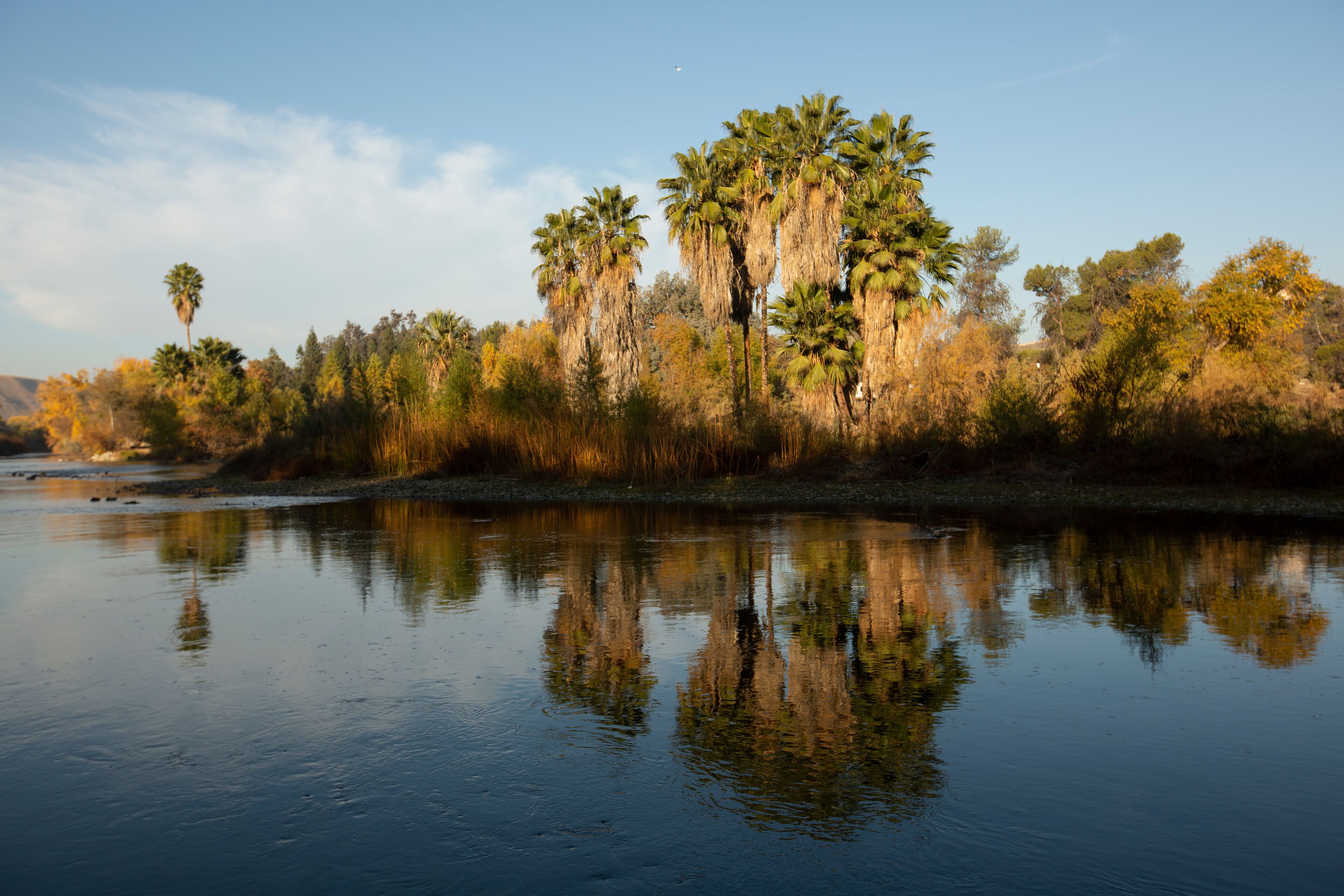 Autumn morning view of the Kern River as it flows through Bakersfield, California, USA.