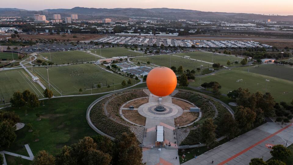 Irvine, California, USA - August 7, 2024: Afternoon light illuminates the Great Park Balloon at the Irvine Orange County Great Park.
