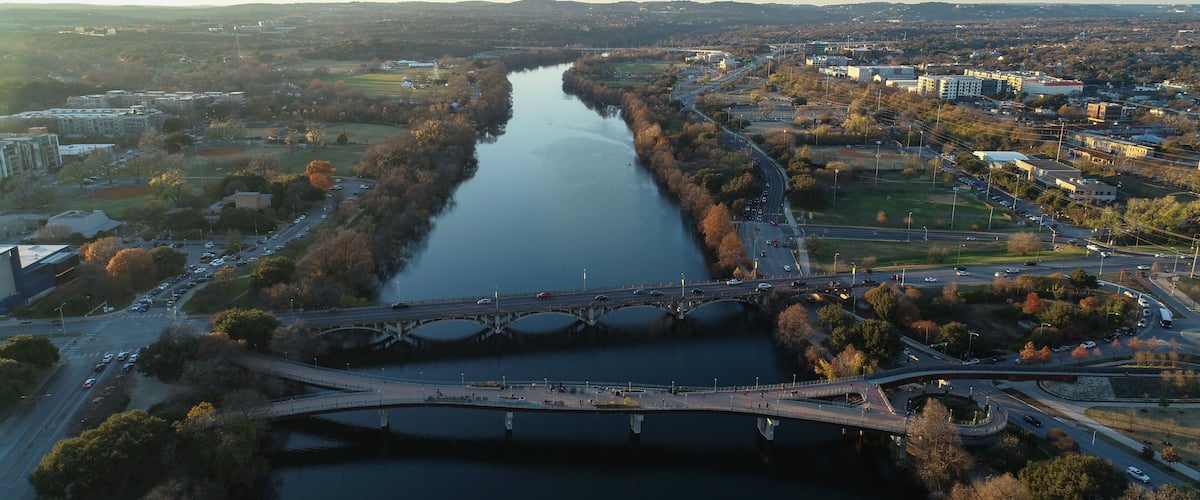 Aerial view of the Colorado River in Austin, TX