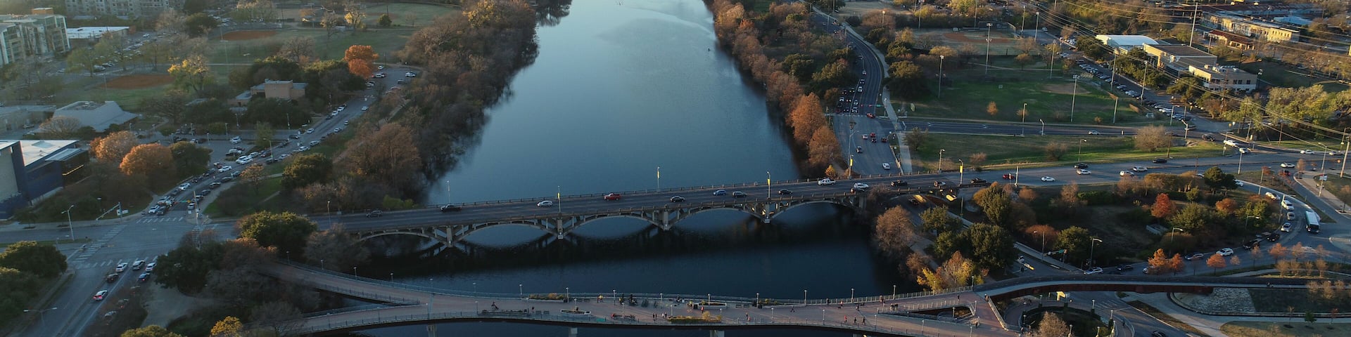 Aerial view of the Colorado River in Austin, TX