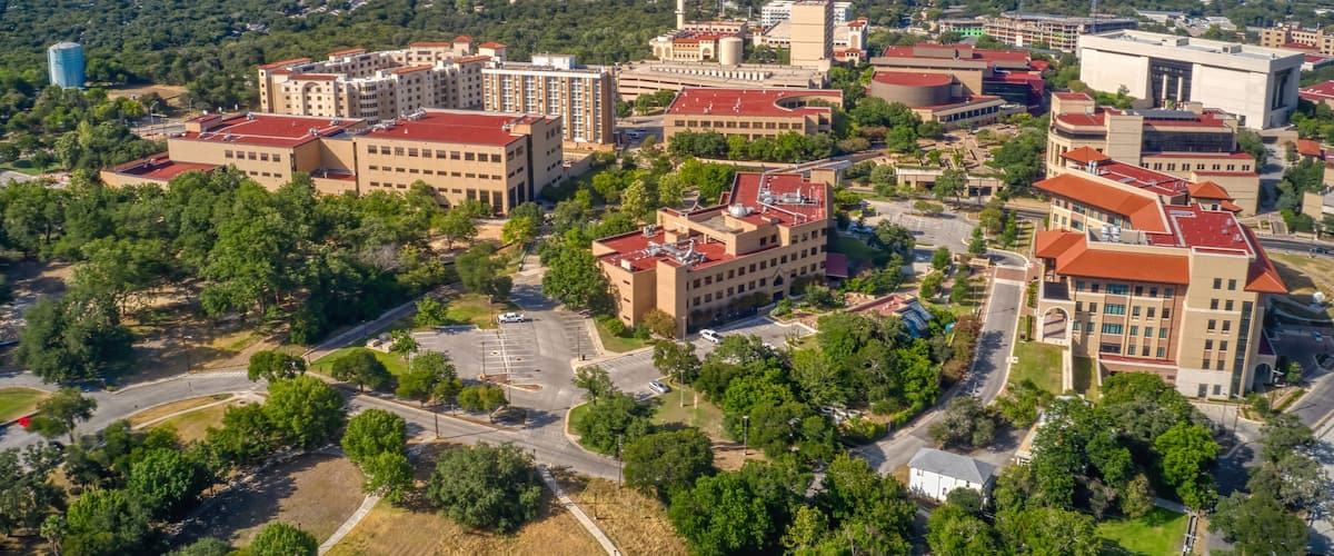 Aerial View of a large Public University in San Marco, Texas