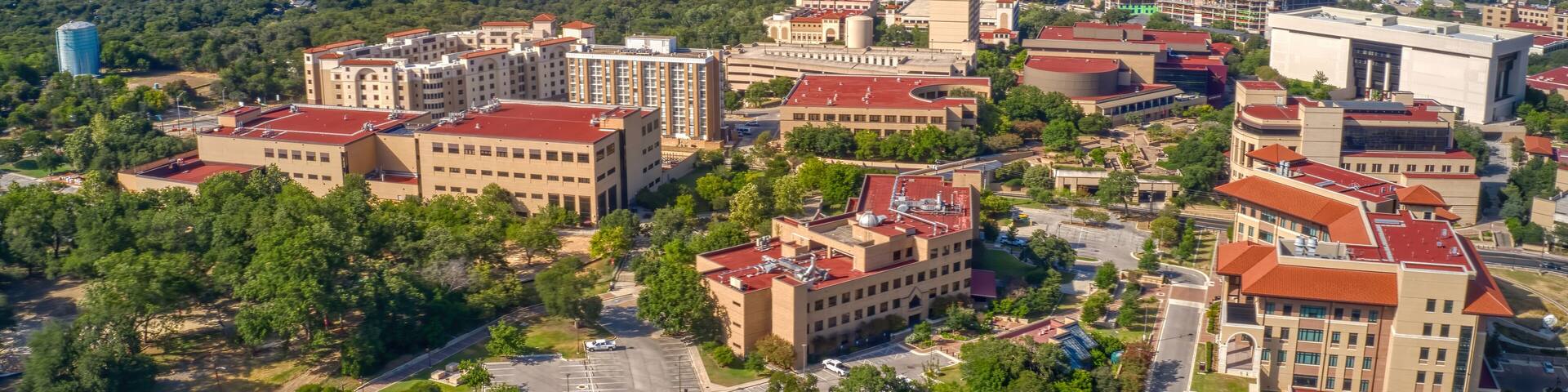 Aerial View of a large Public University in San Marco, Texas