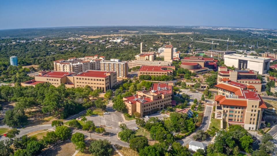 Aerial View of a large Public University in San Marco, Texas