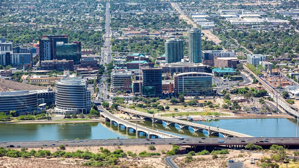 Aerial view of downtown Tempe, Arizona looking north to south