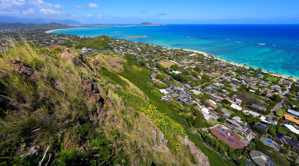 Aerial view of the oceanfront neighborhood of Lanikai Bay in Kailua, as seen from the Lanikai Pillbox hike, on the eastern side of Oahu in Hawaii, United States