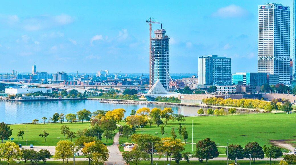 Aerial View of Milwaukee Skyline and Green Park by Lake Michigan Panorama