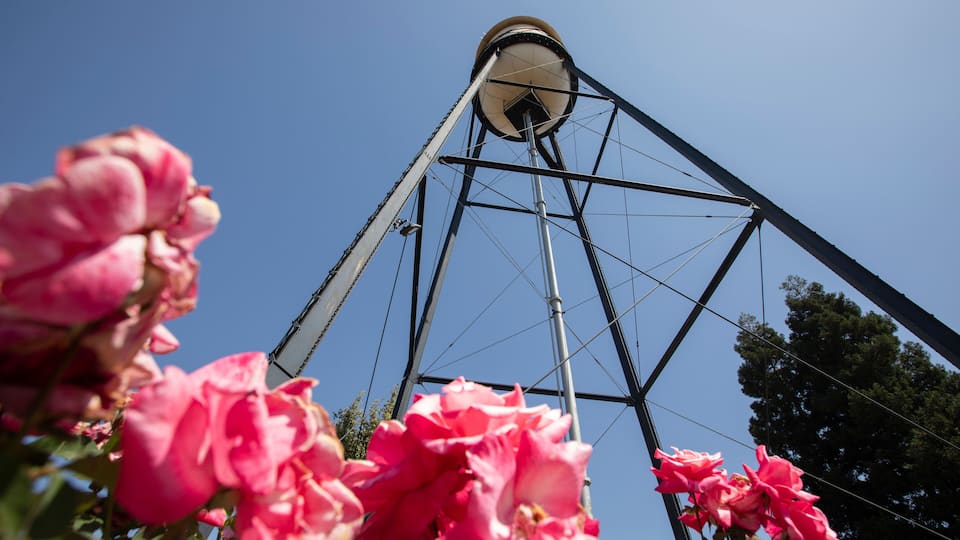 Campbell, California, USA - August 29, 2024: Afternoon sun shines on historic 1928 steel water tower of downtown Campbell.