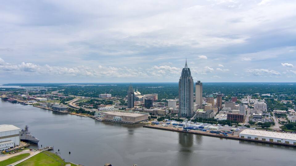 Downtown Mobile, Alabama waterfront skyline in July