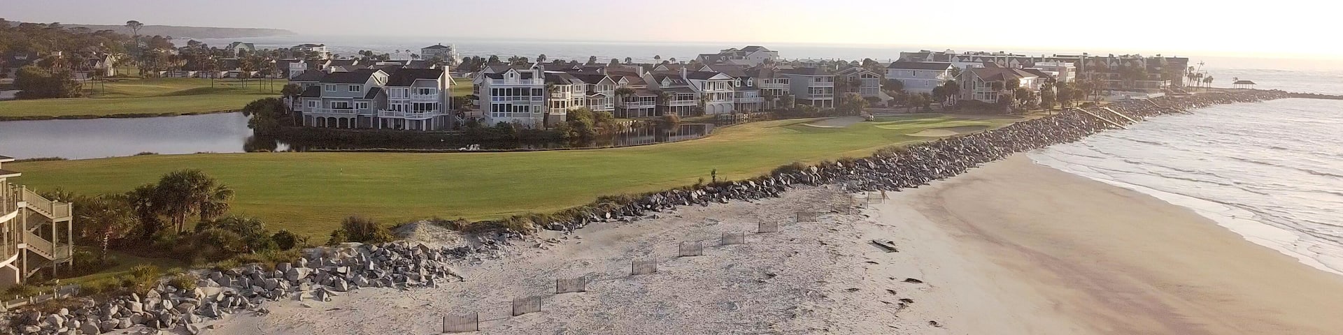 Aerial view of homes, golf course, and beaches on Fripp Island